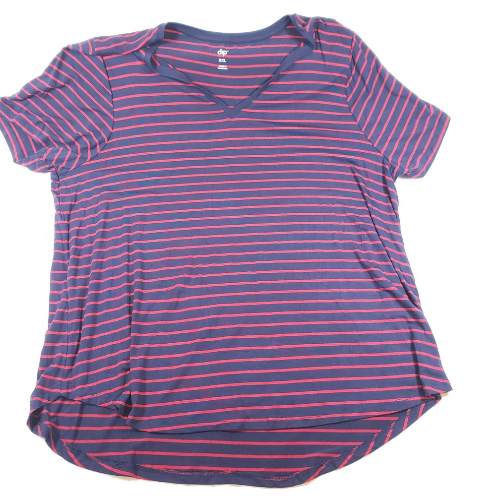 DIP Women's XXL Color Flow Ladies Tee V-Neck Red Stripe Navy Blue‎ Shirt